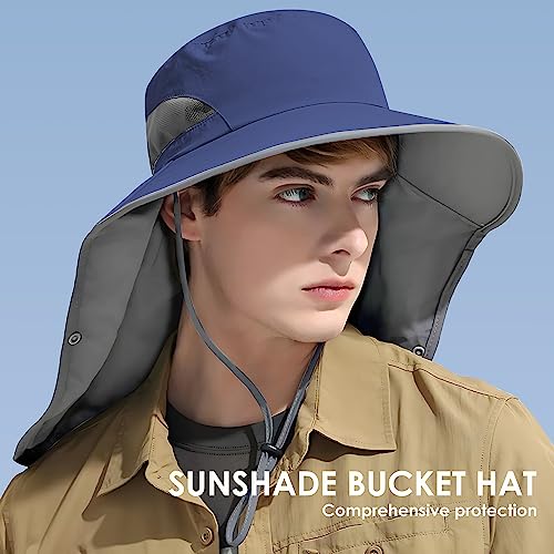 Outdoor Sun Hat Detachable Neck Face Flap UPF 50+UV Protection Visor Fishing Hats with Neck Flap for Men & Women - color: Navy