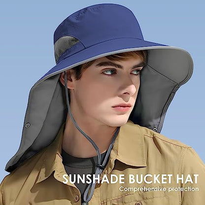 Outdoor Sun Hat Detachable Neck Face Flap UPF 50+UV Protection Visor Fishing Hats with Neck Flap for Men & Women - color: Navy