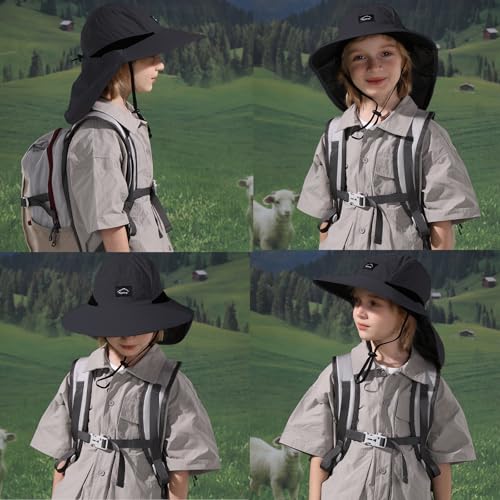 ZOORON Kids Sun Hat with Neck Flap Beach Fishing Bucket for Boys Girls - color: Black