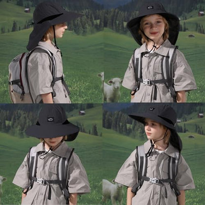 ZOORON Kids Sun Hat with Neck Flap Beach Fishing Bucket for Boys Girls - color: Black