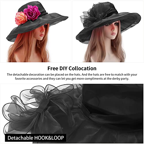 DRESHOW Women Organza Hat Church Cap Hats Clearance Kentucky Derby Cocktail Tea Party Wedding Flower Hat with Wide Brim - color: 01 Pack: Jet Black a