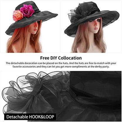 DRESHOW Women Organza Hat Church Cap Hats Clearance Kentucky Derby Cocktail Tea Party Wedding Flower Hat with Wide Brim - color: 01 Pack: Jet Black a
