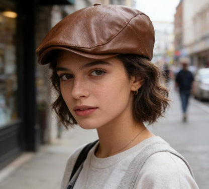 ASTOC Men Women Adjustable Leather Ivy Newsboy Caps Cabbie Beret Hat - color: Coffee