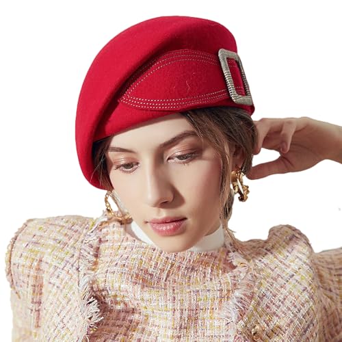 Womens Wool Felt French Berets Pillbox Hat Vintage Beanie Beret Bowknot Cap - color: 2 Red