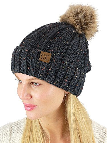 C.C Thick Cable Knit Faux Fuzzy Fur Pom Fleece Lined Skull Cap Cuff Beanie - color: Confetti Dark Melange Gray