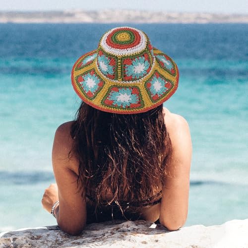 Womens Multicolor Floral Crochet Straw Sun Hat Wide Brim Summer Beach Hat - color: Yellow