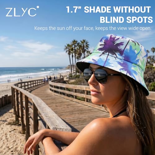 ZLYC Printed Bucket Hat for Women Men Packable Summer Sun Hat for Beach - color: Palm Tree Print