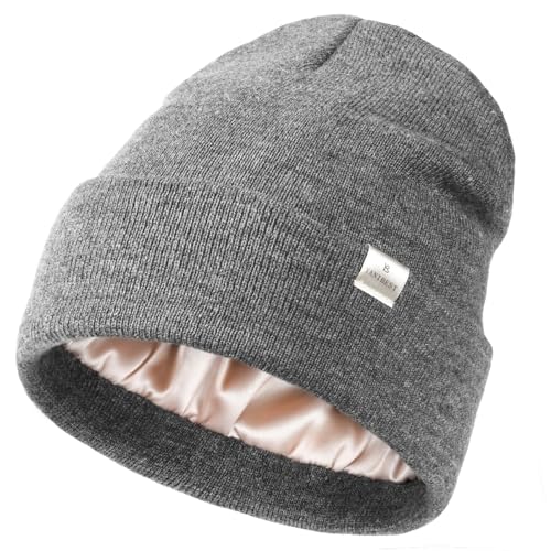 YANIBEST Satin Lined Beanie for Women, Reduce Frizz Winter Hats - color: Light Grey