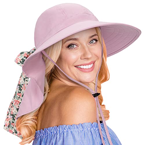 Tirrina Women's Sun Hat Wide Brim, UV Protection Sun Hats for Women - color: Pink W/ Floral Ribbon