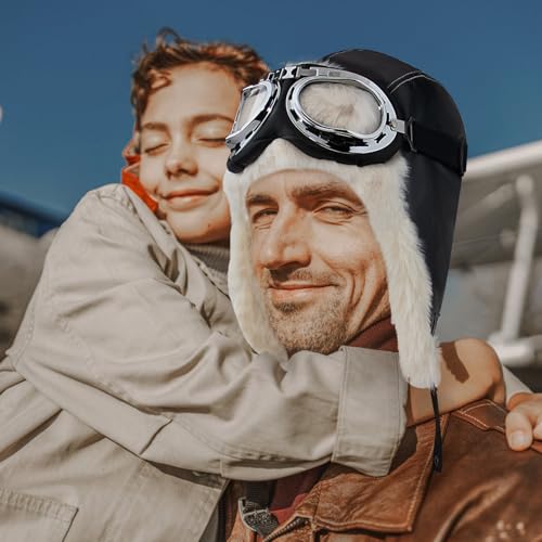 Peicees Vintage Aviator Hat And Goggles Pilot Hat Costume for Adult Leather Trapper Hat With Fur Ear Flaps Winter Warm