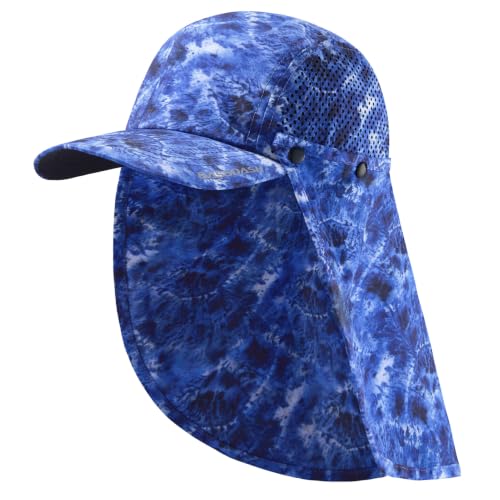 BASSDASH UPF 50+ Fishing Hat, Baseball Cap with Removable Neck Flap - color: Blue Camo With Unfoldable Brim
