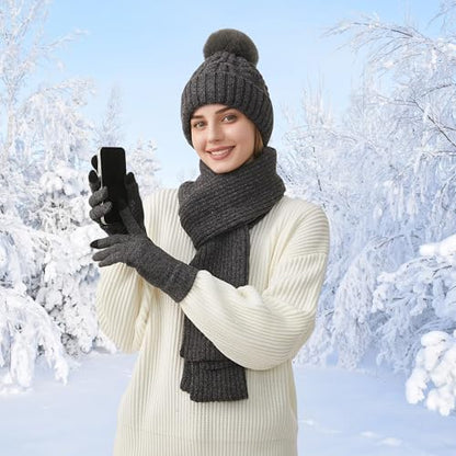 HUAMULAN Women Winter Knit Beanie Hat Circle Scarf Set Pompoms Ear Flaps - color: Gray With Scarf and Gloves