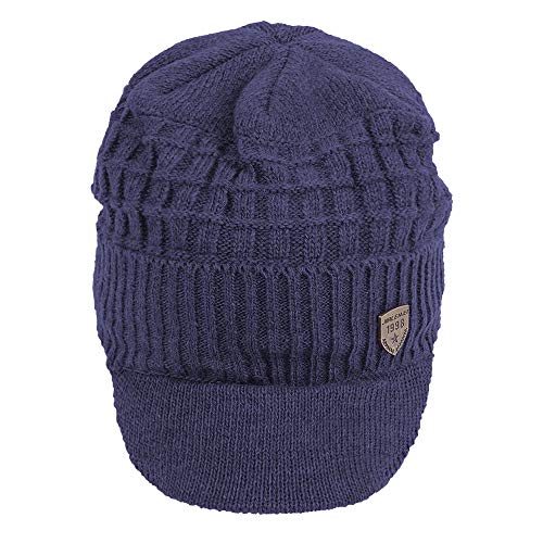 Original One Winter Wool Knitted Chunky Visor Beanie Hat with Brim Fur Lined Peaked Ski Cap - color: Blue