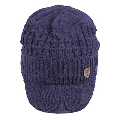 Original One Winter Wool Knitted Chunky Visor Beanie Hat with Brim Fur Lined Peaked Ski Cap - color: Blue