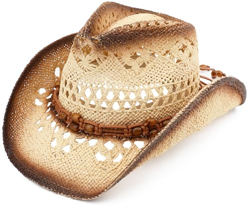 Pro Celia Men Women Cowgirl Straw Western Cowboy Hat - color: Brown Bead-beige