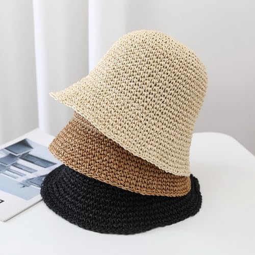Women's Straw Bucket Hat Summer Mesh Woven Sun Beach Hat Foldable Fisherman Caps Hats - color: Brown