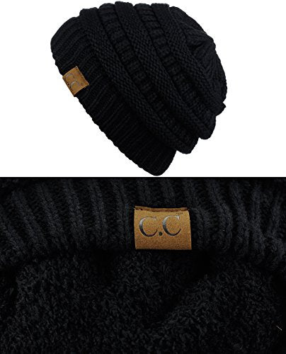 C.C Unisex Chunky Soft Stretch Cable Knit Warm Fuzzy Lined Skully Beanie - color: Black