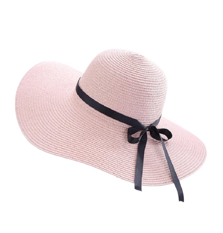 Women's Extra Wide Brim Straw Floppy Panama Sun Hat with Bow - color: Pink