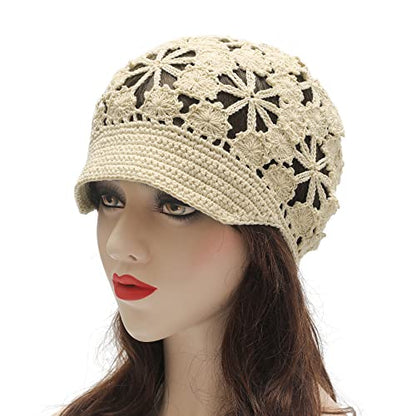 ZLYC Women Summer Slouchy Crochet Hat Handmade Cutout Skull Cap with Visor - color: Plain Beige, size: One Size