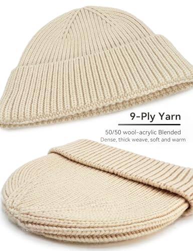 vidsel 50% Wool Thick Beanie Hat Men Women, Seamless Cuffed Winter Knit Cap - color: 1pcs Beige