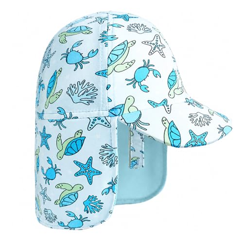 Kids Legionnaires Hat, UPF 50+ Sun Protection Swim Cap Flap Hat for Kids, Quick Drying Sun Hat for Beach Seaside - color: Blue Turtle Crab, size: 4-6 Years