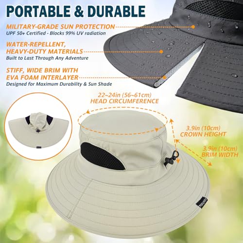 Wide Brim Sun Bucket Hat, Waterproof Boonie Hat for Men & Women - color: 01 Beige