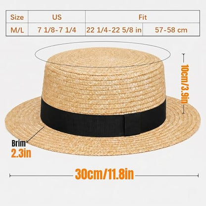 Straw Boater Hat for Men and Women, Flat Top Skimmer Hat for Amish Costumes - color: Black