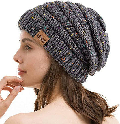 REDESS Slouchy Beanie Hat for Men and Women Winter Warm Knit Hat Chunky Soft Oversized Cable Cap - color: Dot Black+dot Dark Grey