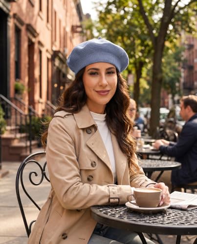 Cotton Knitted Women Beret Hat, French Style Solid Color Beret, Winter Autumn Warm and Soft Beanie Hat - color: Blue