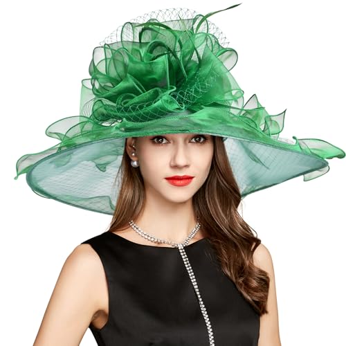 2026 Kentucky Derby Hat for Women Ladies, Organza Veil Feather Fascinator for Tea Party Church UV Protection Sun Hat - color: Green