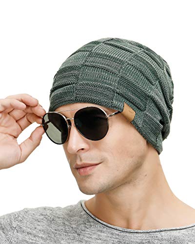 Vgogfly Slouchy Beanie for Men Winter Hats for Guys Cool Beanies Mens Lined Knit Warm Thick Skully Stocking Binie Hat Pairs - color: Blue / Army Green