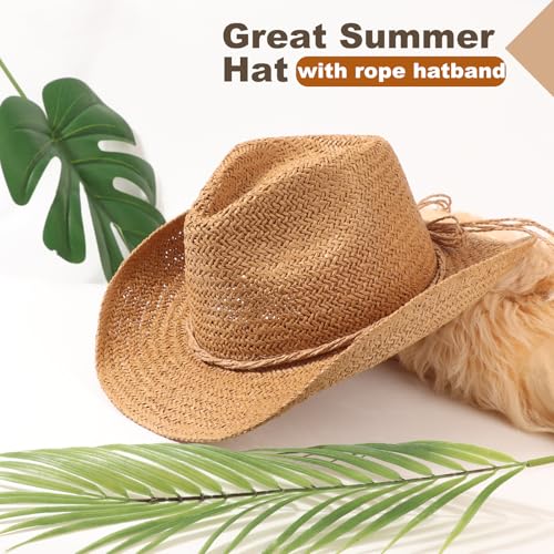 DRESHOW Straw Cowboy Cowgirl Hat for Women Men Western Coastal Cowboy Beach Hat with Shapeable Brim Unisex Rolled up Caps - color: 1 Pack Straw Woven Hat: Khaki