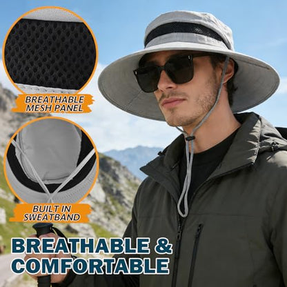 Men's UPF 50+ Waterproof Wide Brim Boonie Hat, Sun & Rain Protection - color: Light Grey