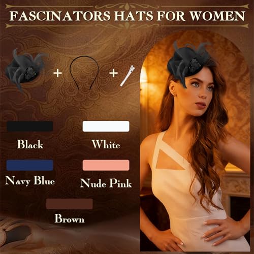 AMCAMI Fascinators Hats for Women Girls 2026 Derby Hats Tea Party Hat with Headband and Clip - color: Black