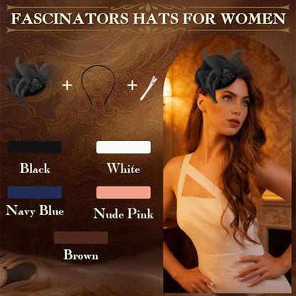 AMCAMI Fascinators Hats for Women Girls 2026 Derby Hats Tea Party Hat with Headband and Clip - color: Black