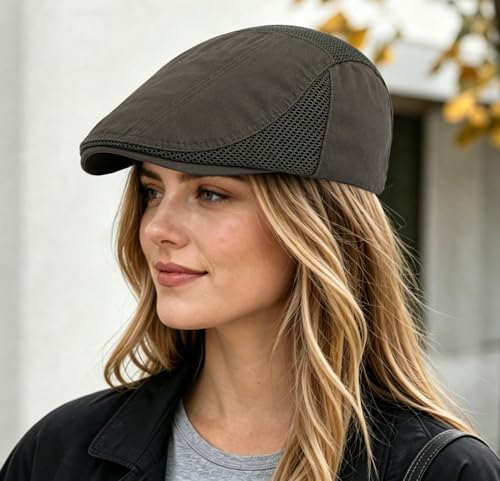 DIYDECAL Mens Cotton Mesh Newsboy Cap Flat Ivy Gatsby Hat Summer Driving Cabbie Cap - color: Dark Green