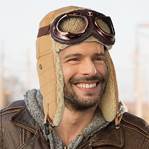 JaGely 4 Pcs Pilot Hat and Goggles Flight Costume Accessories Pilot Helmet Cap with Ear Flaps Hat Adults Winter - color: Blue and Khaki, style: Classic
