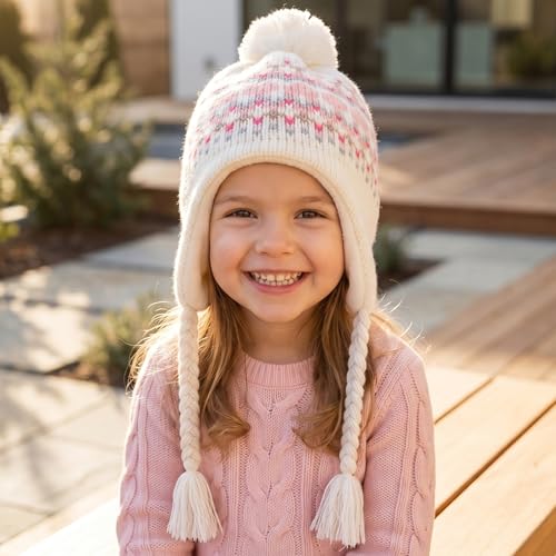 Moon Kitty Girls Knit Hats Winter Fleece Lining Skiing Winter Caps with Warm Ear Flap - color: Beige, size: 1-3T