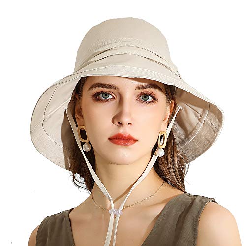 URSFUR Women Summer Sun Large Brim Hats Foldable Beach Hat Cotton UPF 50+ Sun Protection Cap - color: Beige
