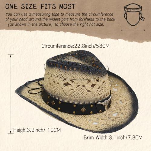 Straw Cowboy Hat for Women, Cowgirl Hat Wide Brim Western Cowboy Hat - color: Light Beige With Smoky Edge