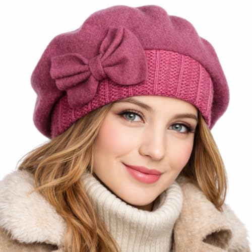 VECRY Women's 100% Wool Bucket Hat Felt Cloche Beret Dress Winter Beanie Hats - color: Beret-pink