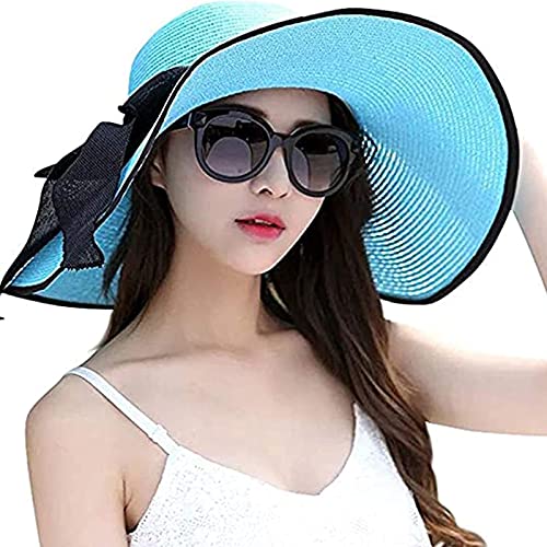 FSIGOM Women's Folable Floppy Hat,Wide Brim Sun Protection Straw Hat, Summer UV Protection Beach Cap - color: C1-e-blue, size: Medium