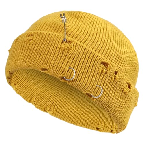 Distressed Ring Beanie Hat for Women Men Slouchy Skull Cap - color: Yellow