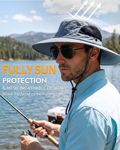 Sun Hats for Men Women UV Sun Protection Waterproof Wide Brim Bucket Hat - color: Grey Blue