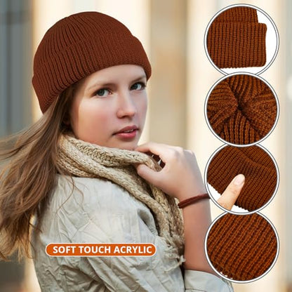 SATINIOR 4 Pieces Trawler Beanie Watch Hat Roll up Edge Skullcap Fisherman Beanie Unisex - color: Caramel, Khaki, Dark Caramel, Coffee, size: One Size