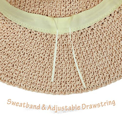 Women Sun Hat Wide Brim Floppy Beach Hat Breathable UV UPF 50+ Straw Hat Foldable Packable Summer Outdoor Cap - color: Pink