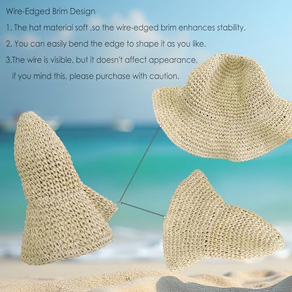Womens Beach Sun Straw Hat Summer Floppy Wide Brim Foldable Packable - color: Bow Khaki