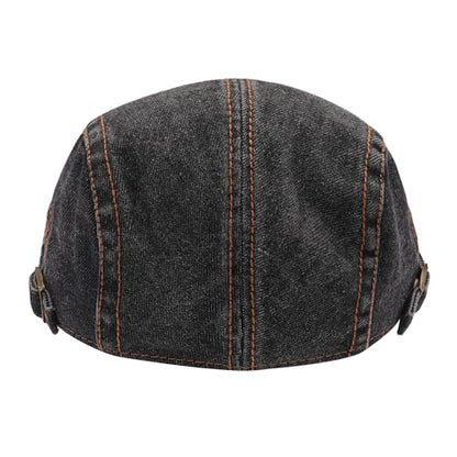 ZLYC Men Cotton Flat Cap Summer Scally Newsboy Beret Driver Hat - color: Denim Black