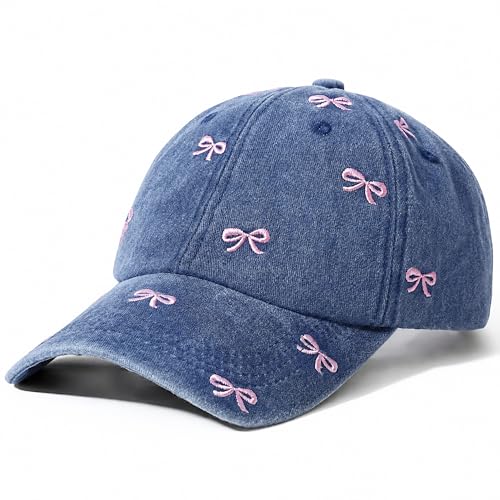 Jeasona Cute Hats for Women, Cute Bow Embroidery Baseball Cap Hat, Romantic Trendy Hat Cotton Adjustable Womens Hats - color: Blue