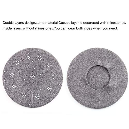 LADYBRO Rhinestone Beret Hats for Women 2 Layers Wool Knit Cap Lady Winter - color: Light Grey (Floral Pattern)